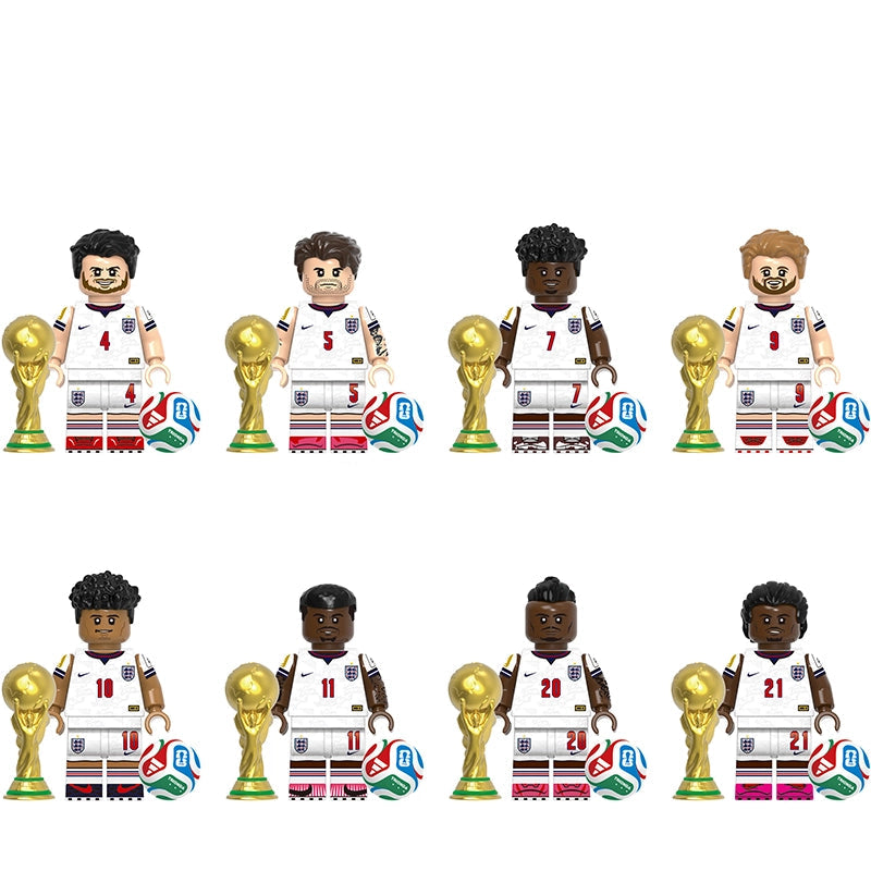 A product display sheet showing eight soccer-themed toy building-block figures arranged in two rows on a white background, each with a gold trophy and a small striped ball. The top text reads 'G0206'.
