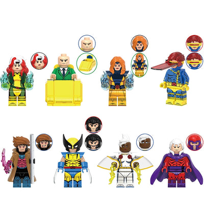 A product lineup graphic for a set of Marvel-themed building block minifigures, labeled with the code G0221. The set includes Rogue, Professor X, Jean Grey, Cyclops, Gambit, Wolverine, Storm, and Magneto, each shown with multiple interchangeable heads and accessories on a plain white background.