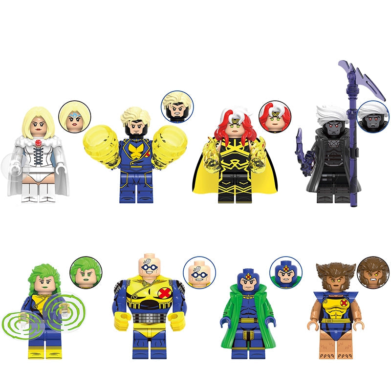 A product display sheet for G0223 building block minifigures on a white background, featuring eight different superhero-style characters with printed names and model numbers, plus circular head/face detail insets.
