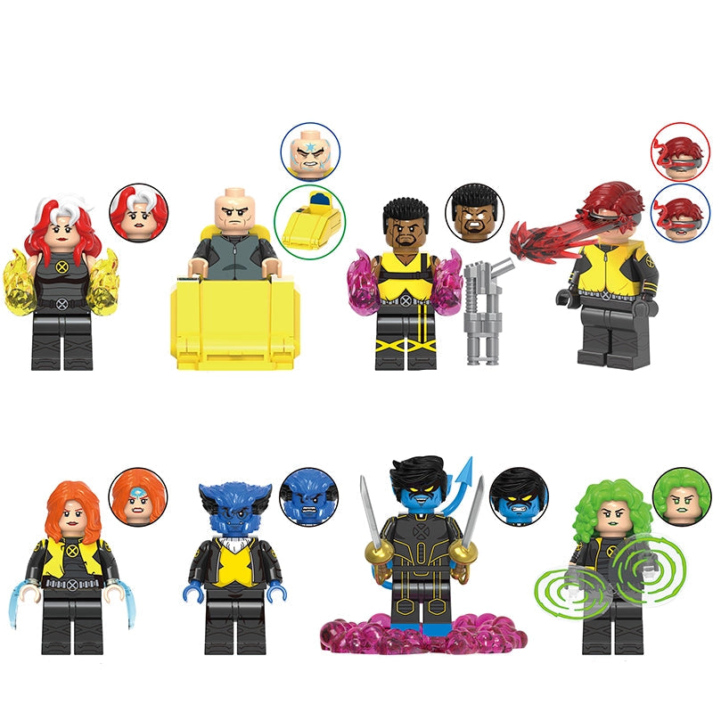 A product display sheet for a building block toy set featuring multiple Marvel character minifigures and interchangeable heads. The sheet includes the text 'G0225' at the top and individual figures with names and codes below them: Rogue, Professor X, Bishop, Cyclops, Jean Grey, Beast, Nightcrawler, and Polaris.