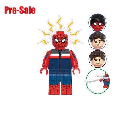 Spider-Man building block minifigure shown on a white background with 'Pre-Sale' text, model number 'GH1022', 'Spider-Man' label, three alternate face options, and a web-swinging accessory inset.