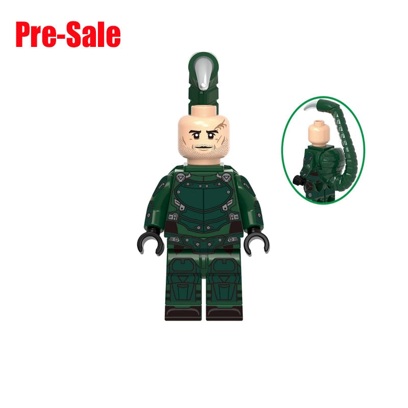 A toy building-block style minifigure labeled 'Scorpion' with a beige head, dark green armored torso and legs, black hands, and a curved tail on the back. The image includes a circular inset showing the tail, 'Pre-Sale' text, model number 'GH1027', and the name 'Scorpion' on a white background.