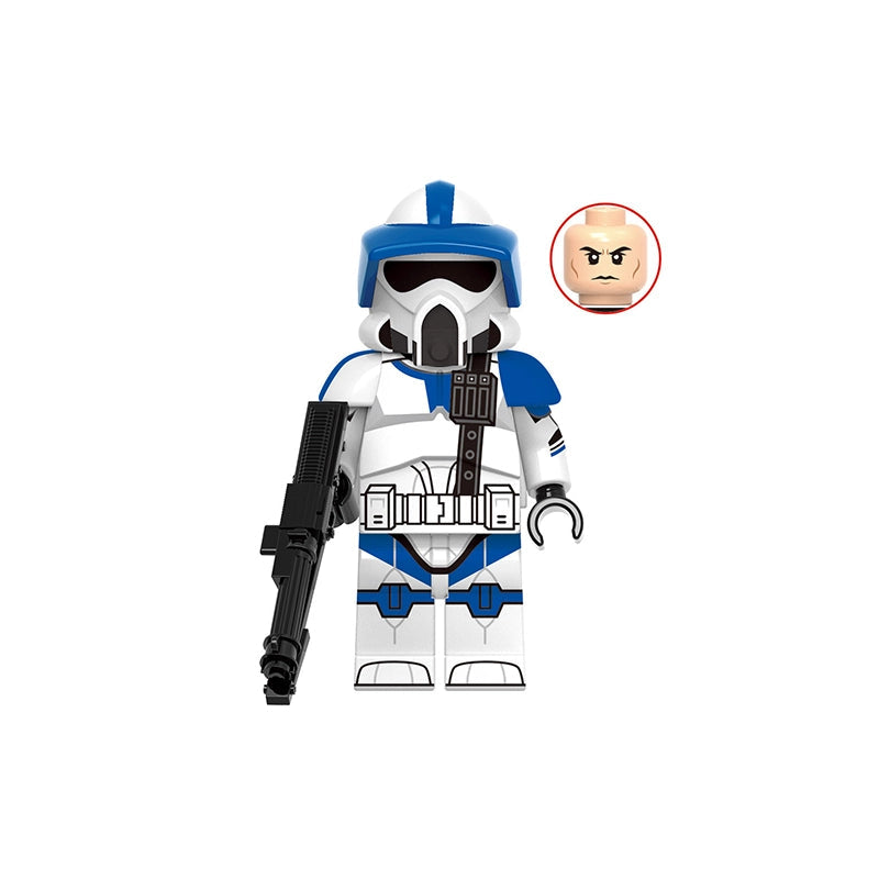 LEGO 501st ARF Trooper Boomer figure with blue and white helmet on a white background