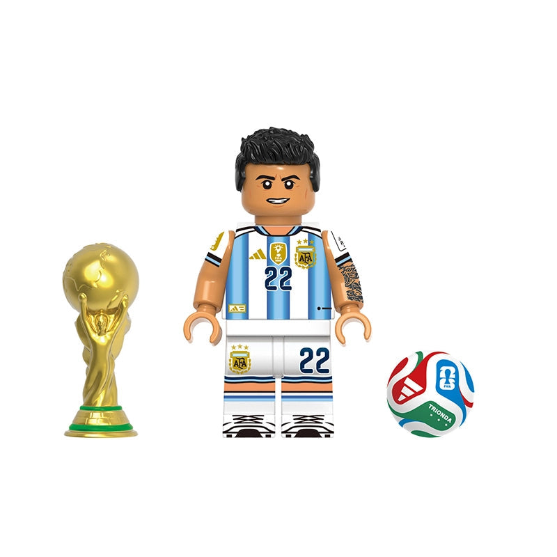 A soccer-themed toy minifigure labeled Lautaro, shown with an Argentina-style blue and white striped jersey, white shorts with the number 22, a gold trophy, and a multicolored soccer ball on a plain white background. A gray label at the top reads GH0809.