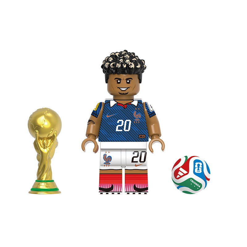 A toy minifigure of a soccer player named Doué, wearing a blue and white France national team jersey with the number 20, shown alongside a gold FIFA trophy and a soccer ball on a white background. The text 'GHO835' is at the top and 'Doué' is at the bottom.