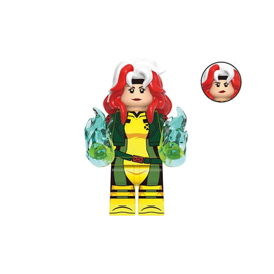 A toy minifigure labeled 'Rogue' with the code 'GH0940' above it, shown on a plain white background. The figure has red hair, a white and red headpiece, a yellow and green outfit, and translucent blue-green energy effects in both hands.