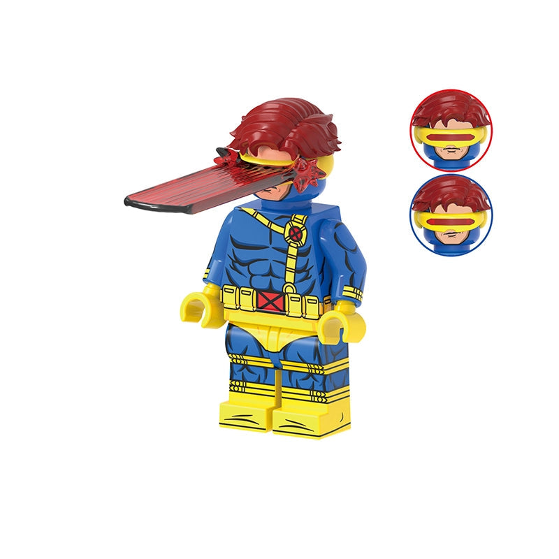 A toy minifigure labeled 'Cyclops' with model number 'GH0943' on a white background. The figure has red hair, a red visor, a blue and yellow costume, and is shown with two circular inset views of the visor design.