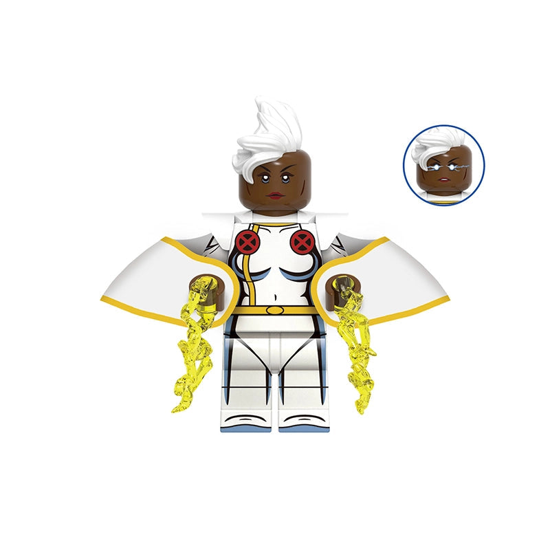 A custom-built toy minifigure of Storm from Marvel, featuring a white wig, brown skin, a white and yellow costume with red accents, and yellow lightning-themed arm pieces. The image includes a gray label with the code 'GHO946' at the top and a circular inset showing the head details, with the name 'Storm' printed at the bottom.