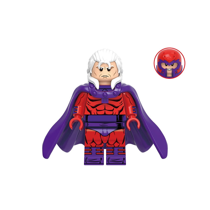 A building block minifigure of Magneto with white hair, a red and purple suit, and a purple cape, shown on a white background with the model number GH0947 and a circular character inset.
