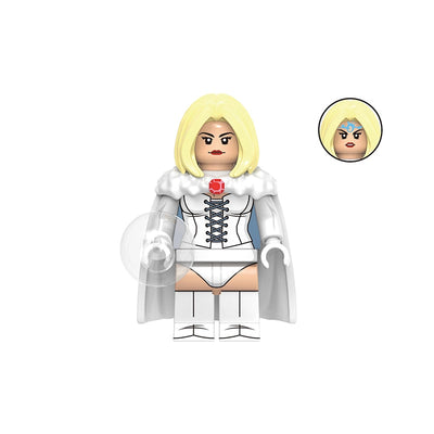 A custom toy minifigure of 'White Queen' with blonde hair, a white corset, white cape, and white boots, shown on a plain white background with model number 'GHO956' and an inset of the head.