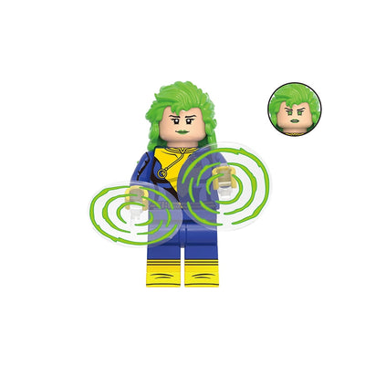 A building block minifigure labeled 'Polaris' with green hair, a blue and yellow suit, and translucent green energy-effect pieces around it. A circular inset shows the face piece, and 'GHO960' appears at the top.