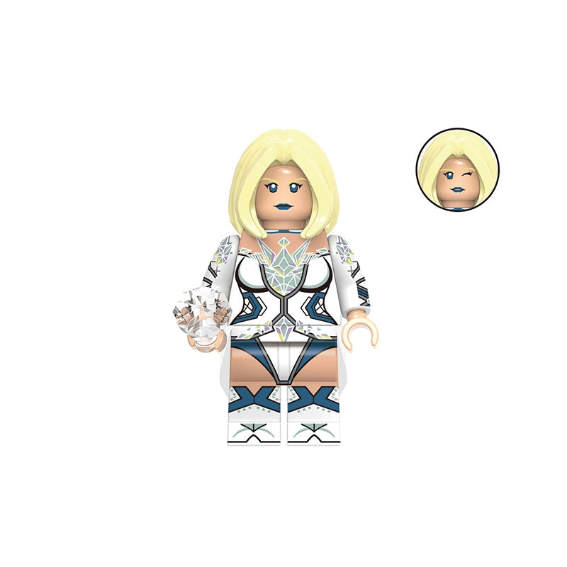 A female minifigure labeled 'White Queen' with blonde hair, a white and blue bodysuit, and a small circular inset showing an alternate face. The text 'GHO964' appears at the top and 'White Queen' at the bottom on a plain white background.