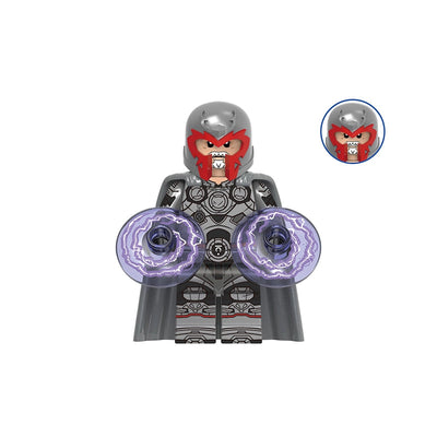 A toy building-block style Magneto minifigure centered on a white background, with a small circular inset showing the front face close-up and text labels 'GHO965' at the top and 'Magneto' at the bottom. The figure has a silver helmet and cape, red face and chest details, and translucent purple energy discs extending from both hands.