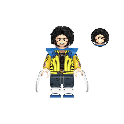 A toy minifigure of Wolverine with black hair, a yellow and blue jacket, dark pants, and metal claws, shown on a white background with a model number label and a close-up head insert.