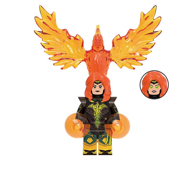 A custom building block minifigure of Jean Grey from X-Men, featuring orange hair, a black and gold costume, and a large translucent orange and yellow Phoenix wing accessory. The image includes a grey label with the code 'GHO967' at the top and 'Jean Grey' text at the bottom, along with a circular inset showing a close-up of the face piece.