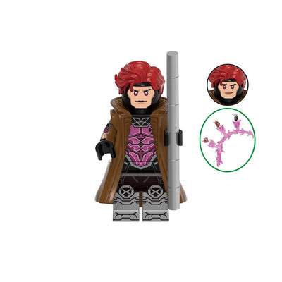 A building block minifigure of Gambit with red hair, a brown coat, and a pink and black suit, holding a gray staff. The image includes a circular inset of the red hair detail and a small accessory inset, with the text 'GHO968' at the top and 'Gambit' at the bottom on a white background.