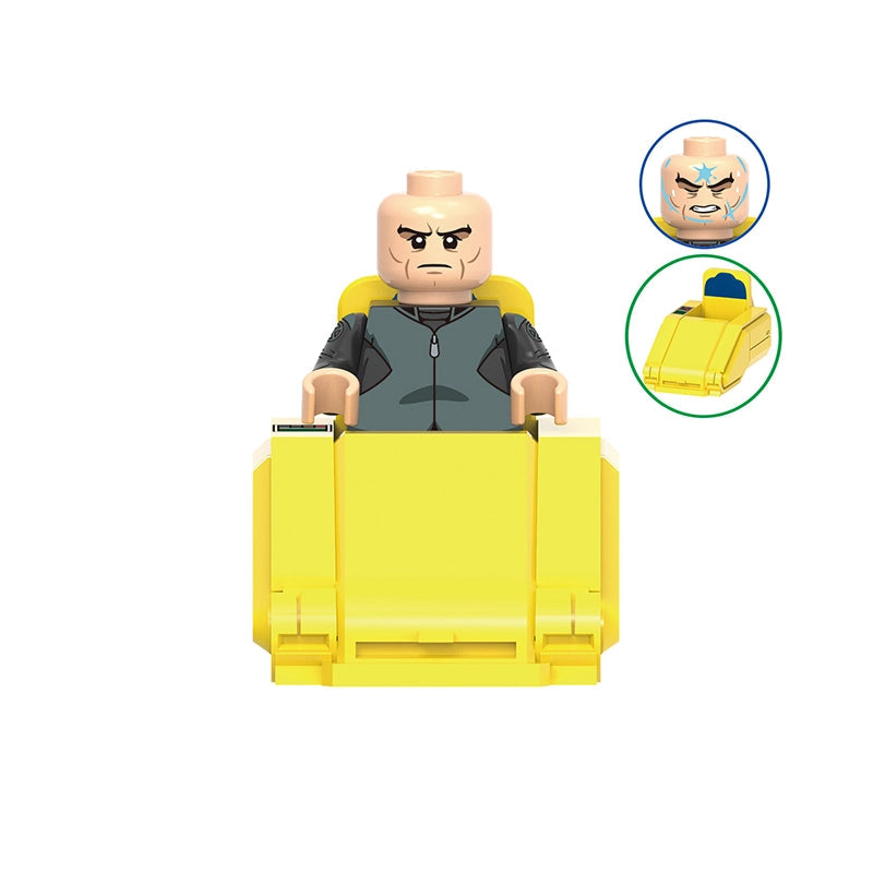 A toy minifigure labeled 'Professor X' seated in a yellow chair, shown on a white background with the model number 'GHO973' at the top and two inset detail views of the head and chair.