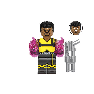 A custom building block minifigure of 'Bishop' (GHOSTLY) from Marvel, featuring a black and yellow costume, pink translucent energy effects on the arms, and a silver weapon accessory. The image includes a circular inset of the angry faceplate, a model number 'GHO974' at the top, and the name 'Bishop' at the bottom.