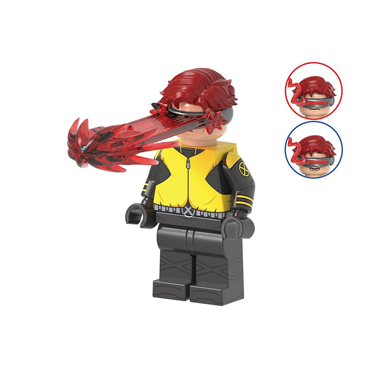A toy minifigure labeled 'Cyclops' with a red optic visor and a long red laser-like accessory extending from the eye, shown on a white background. Two small inset circles on the right show alternate red head designs, and a gray label at the top reads 'GHO975'.