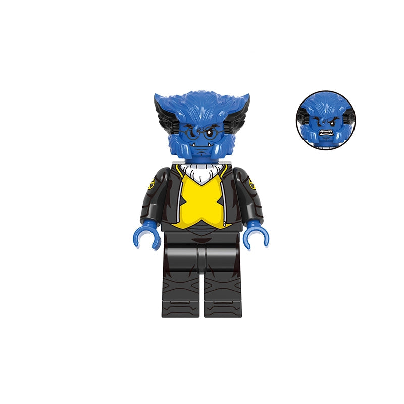 A custom toy minifigure of the Marvel character Beast, featuring blue fur, black and yellow suit, and blue hands, shown with a circular detail inset of his face and a model number label 'GHO977' at the top.