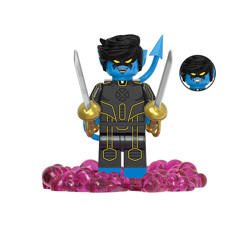 A toy minifigure labeled 'Nightcrawler' with a blue face and arms, black hair, a black and gold suit, silver swords, and a pink translucent base. A circular inset shows an alternate close-up of the blue face.