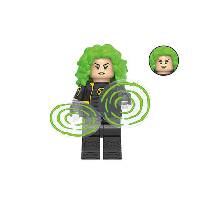 A toy minifigure labeled 'Polaris' with green hair, a black and gray outfit with yellow accents, and translucent green energy effects shown around it. A circular inset shows the face detail, and 'GHO979' appears at the top.