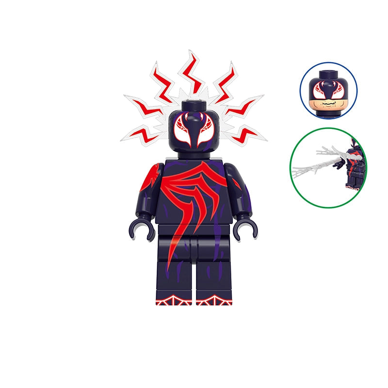 A toy building-block style Spider-Man minifigure labeled 'GH1029' and 'Hellfire Gala Spider-Man,' shown on a white background with two inset feature circles and red lightning graphics behind the head.