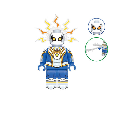 A toy building-block style minifigure labeled 'GH1031' and 'Spider-Man Streaming Suit' on a white background, with two inset callout graphics showing alternate eyes and a web-hand accessory. The figure is primarily blue and white with yellow/gold accents and a white helmet/headpiece with orange-yellow lightning details.