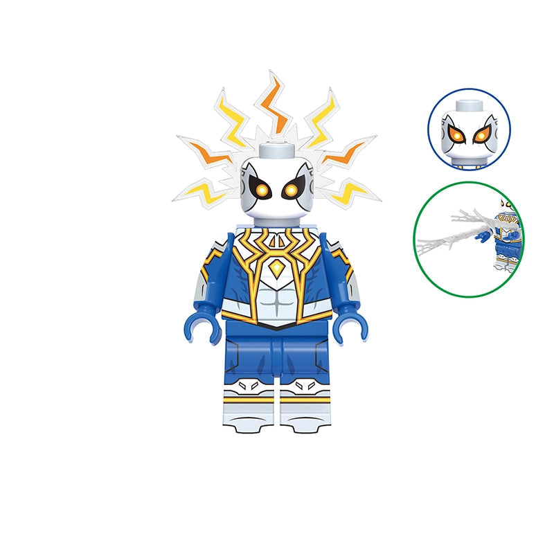 A toy building-block style minifigure labeled 'GH1031' and 'Spider-Man Streaming Suit' on a white background, with two inset callout graphics showing alternate eyes and a web-hand accessory. The figure is primarily blue and white with yellow/gold accents and a white helmet/headpiece with orange-yellow lightning details.