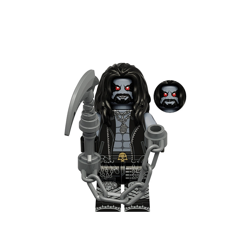 A custom LEGO-style minifigure of the character Lobo, featuring long black hair, a gray face with red eyes, and a black-and-white striped body, holding a gray scythe. The image includes the text 'K2400' and 'Lobo' on a plain white background, along with a circular detail inset showing the face print.