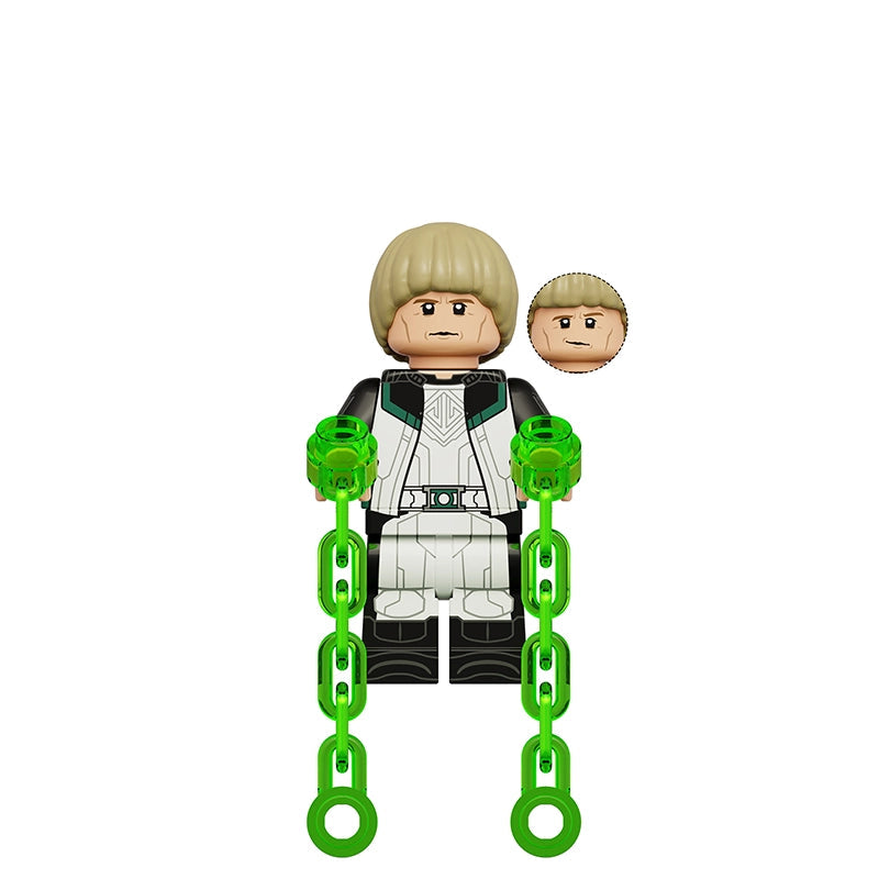 A building block minifigure labeled 'K2403 Green Lantern' on a plain white background, with the text 'Green Lantern' also shown at upper left. The figure has blond hair, a tan skin-toned head, a black-and-white suit, and bright green chain accessories attached to the arms.