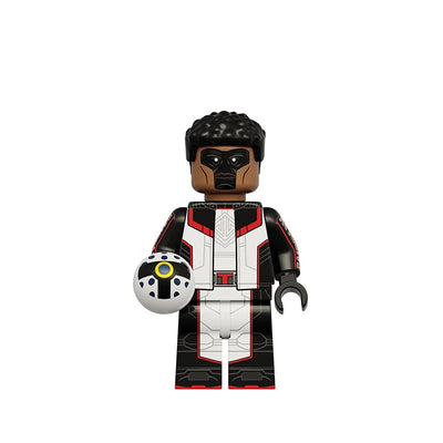 A custom toy minifigure of 'Mister Terrific' (K2406) with black skin, black hair, and a black, white, and red futuristic suit, holding a white and black futuristic orb. The background is solid white with the text 'K2406' and 'Mister Terrific' in the upper left.
