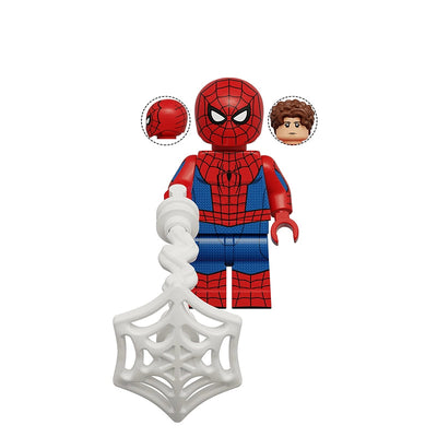 Spider-Man building block minifigure with a white web-shooter accessory, shown on a plain white background with printed text reading K2409 Spider-Man and two inset close-ups of the head and hair accessory.