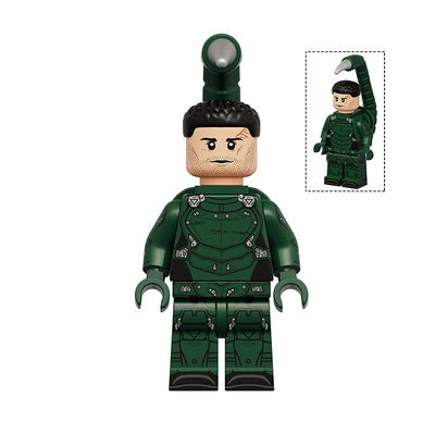A green scorpion-themed building block minifigure shown front-facing on a white background, with the text 'Scorpion' at upper left and a small inset at upper right showing the back view of the figure.
