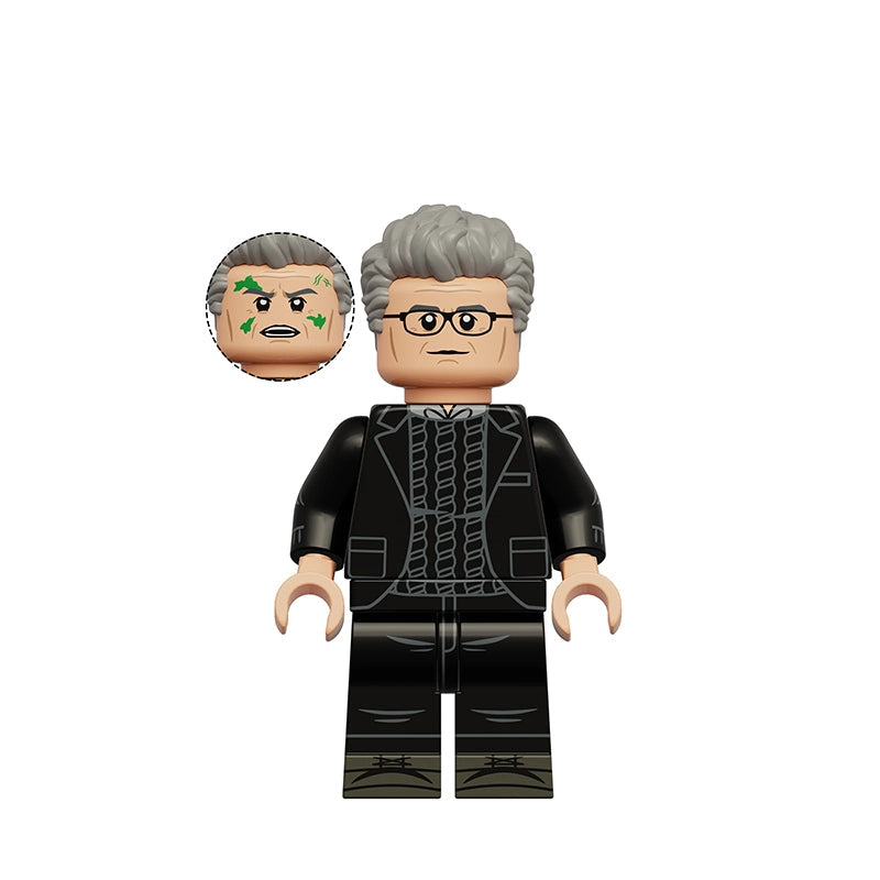 A custom brick minifigure of Bruce Banner from The Incredible Hulk, featuring gray hair, glasses, a black and gray suit, and a special round headpiece with a green scar. The text 'K2425 Bruce Banner' is printed on the top left, set against a plain white background.
