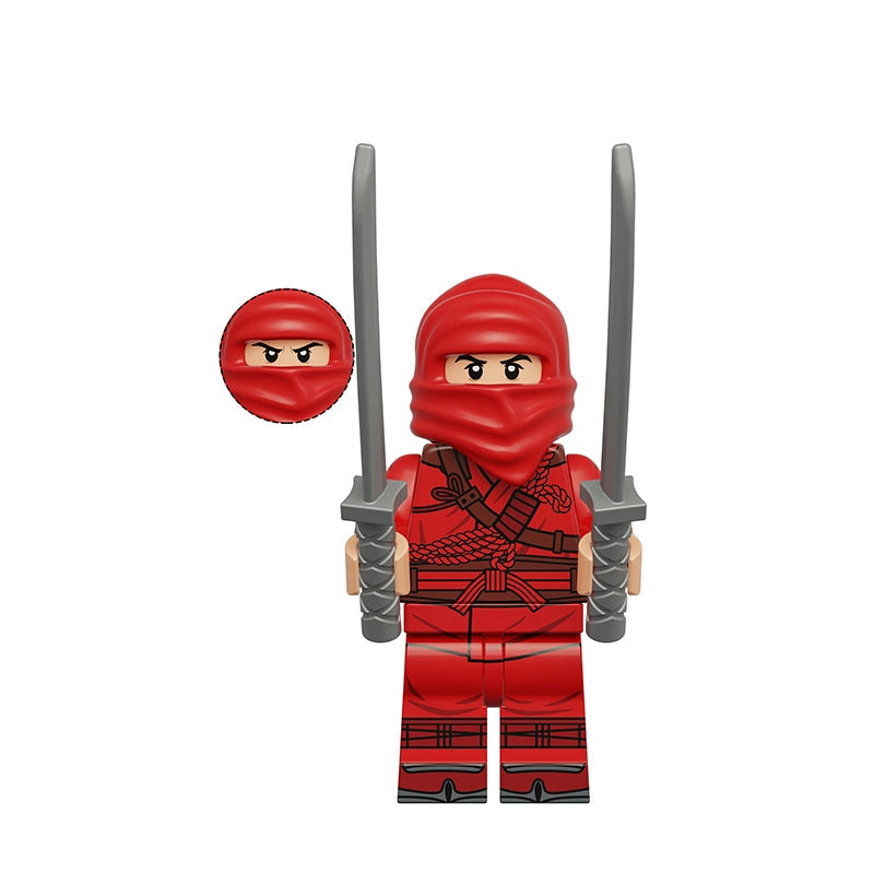 A red ninja minifigure with a mask and sword accessories, shown on a plain white background with text reading 'K2426 The Hand' and a small inset of the mask detail.