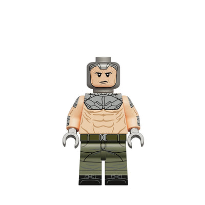 A custom toy building block minifigure of Ramrod from the Terminator franchise, featuring a muscular tan torso, gray armor, and olive green pants, shown on a plain white background with a product code label.