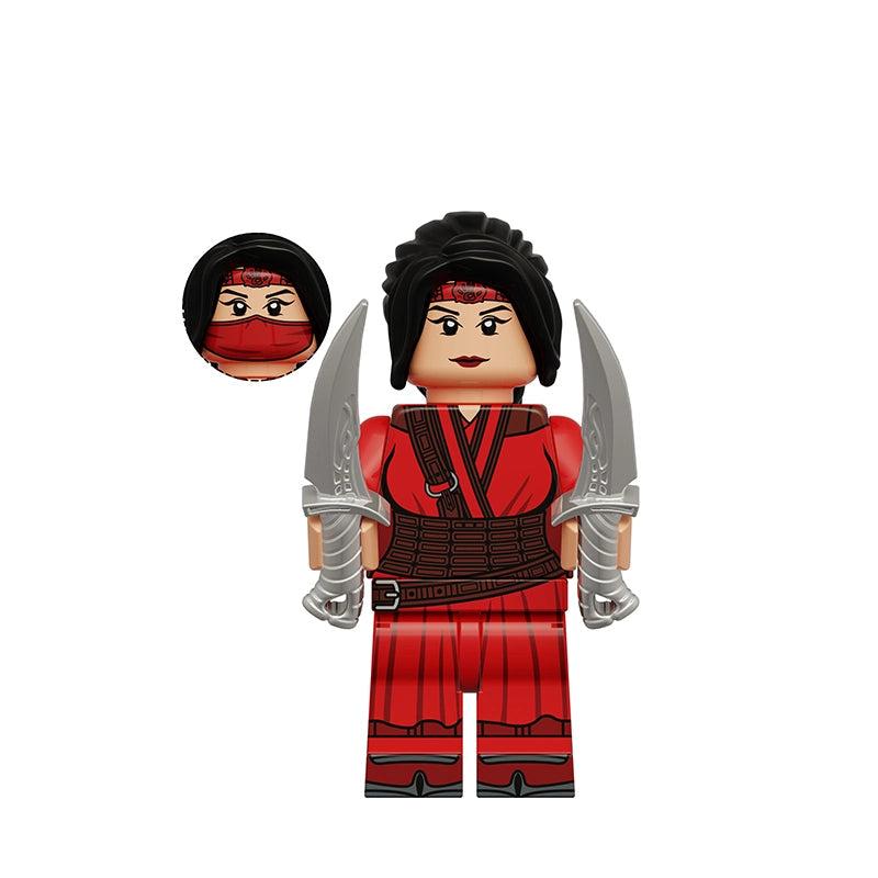 A custom LEGO-style minifigure of Snow from Marvel, featuring a red and black outfit, black hair, and silver curved weapons, shown on a plain white background with a circular detail inset of the face.