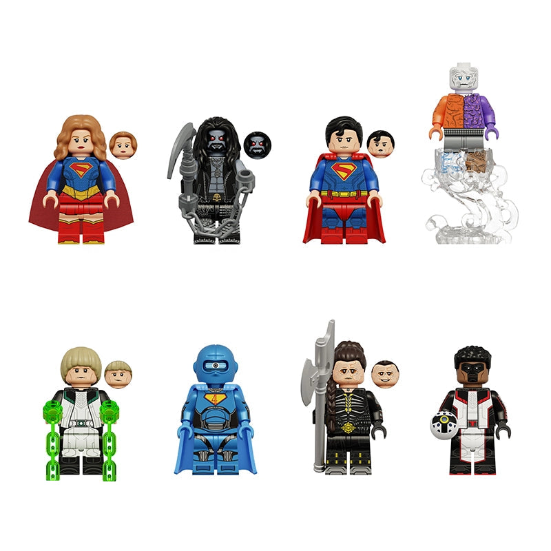 A product catalog graphic showing eight different Lego-style minifigures with names and codes beneath them on a white background. The figures include Superman, Lobo, Metamorfo, Green Lantern, Robot Butter, Ruthye Marye Knoll, and Mister Terrific, with the text 'KDL863' at the top.