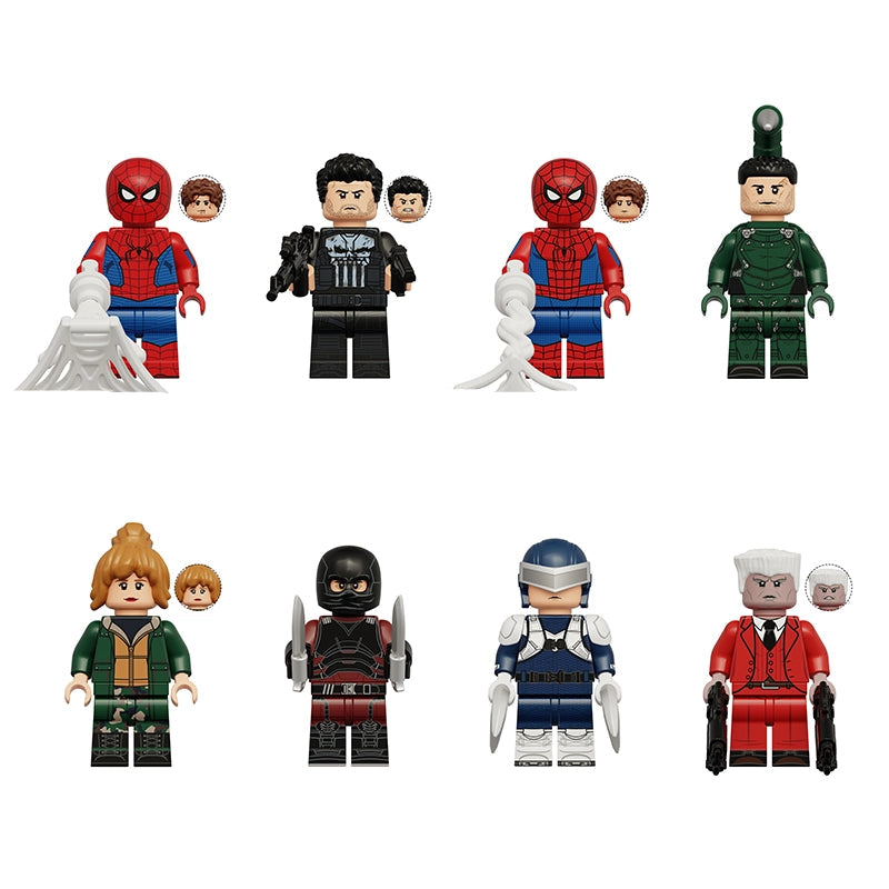 A set of eight Marvel-themed building block minifigures arranged in two rows on a white background, with model numbers and names printed below each figure. The figures include Spider-Man, Punisher, Scorpion, Jean Grey, Tarantula, Boomerang, and Tombstone.