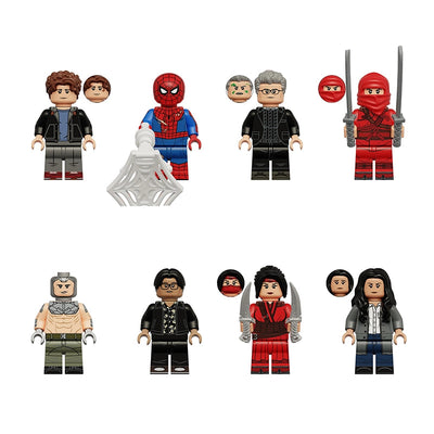 A product display sheet showing eight custom building block minifigures with their alternate heads and accessories, labeled with codes and names including Peter Parker, Spider-Man, Bruce Banner, The Hand, Ramrod, Ned Leeds, Snow, and Michelle Jones on a white background.