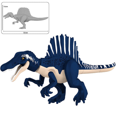 Blue and beige building block dinosaur toy, Spinosaurus, with a small inset showing the assembled toy and dimensions (15cm height, 32cm length).