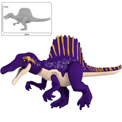 A purple and cream toy dinosaur model with yellow striped back spikes, shown on a white background. A small inset in the top left shows a gray dinosaur outline with dimensions, and text at the bottom reads 'Purple Spinosaurus' and 'KL3328'.