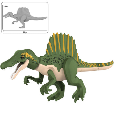 Green and yellow Spinosaurus dinosaur building block toy with a beige underbelly, shown on a white background with a small inset diagram of the toy and text reading KL3329 Green Spinosaurus.