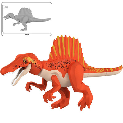 An orange and cream building block dinosaur toy shaped like a spinosaurus, shown on a white background with a small inset diagram of a gray dinosaur labeled 15cm by 32cm and text reading KL3330 and Orange Spinosaurus.