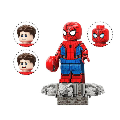 Spider-Man toy minifigure with interchangeable heads and eyes on a white background