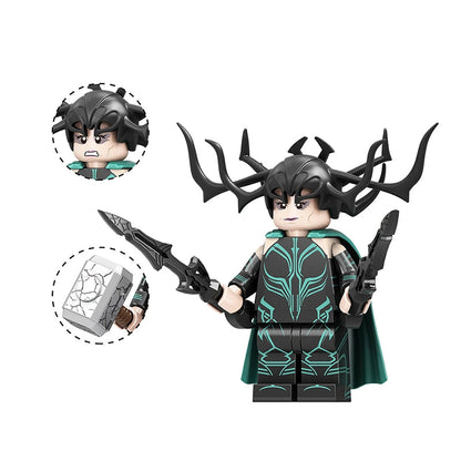 Toy minifigure of Hela with detailed costume and accessories on a white background