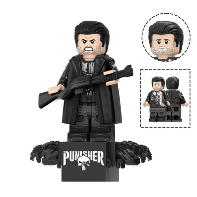 A toy minifigure of The Punisher standing on a display base, holding a rifle, with inset views showing the face close-up, back view, and base with skull branding. Text reads TV1301 and The Punisher.