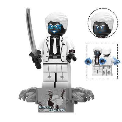 A building block minifigure of Mister Negative, featuring a white hair, black face with blue glowing eyes, a white suit, black shirt and tie, and holding a sword. The image includes a close-up inset of the face, a detail inset of the hands, and a base with wolf-like figures.
