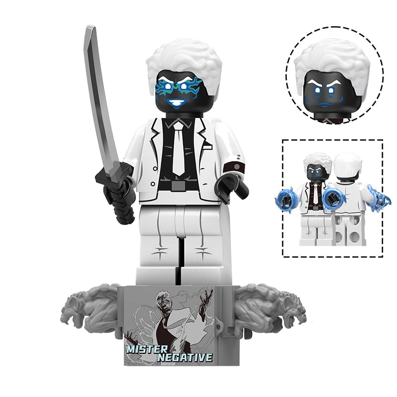 A building block minifigure of Mister Negative, featuring a white hair, black face with blue glowing eyes, a white suit, black shirt and tie, and holding a sword. The image includes a close-up inset of the face, a detail inset of the hands, and a base with wolf-like figures.